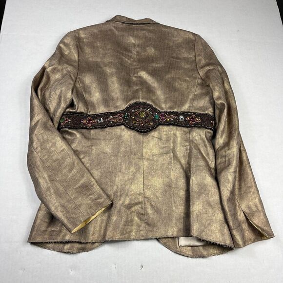 Nicole Miller Collection Linen Tie Front Blazer Metallic Gold Jacket Size 10 - Picture 10 of 11